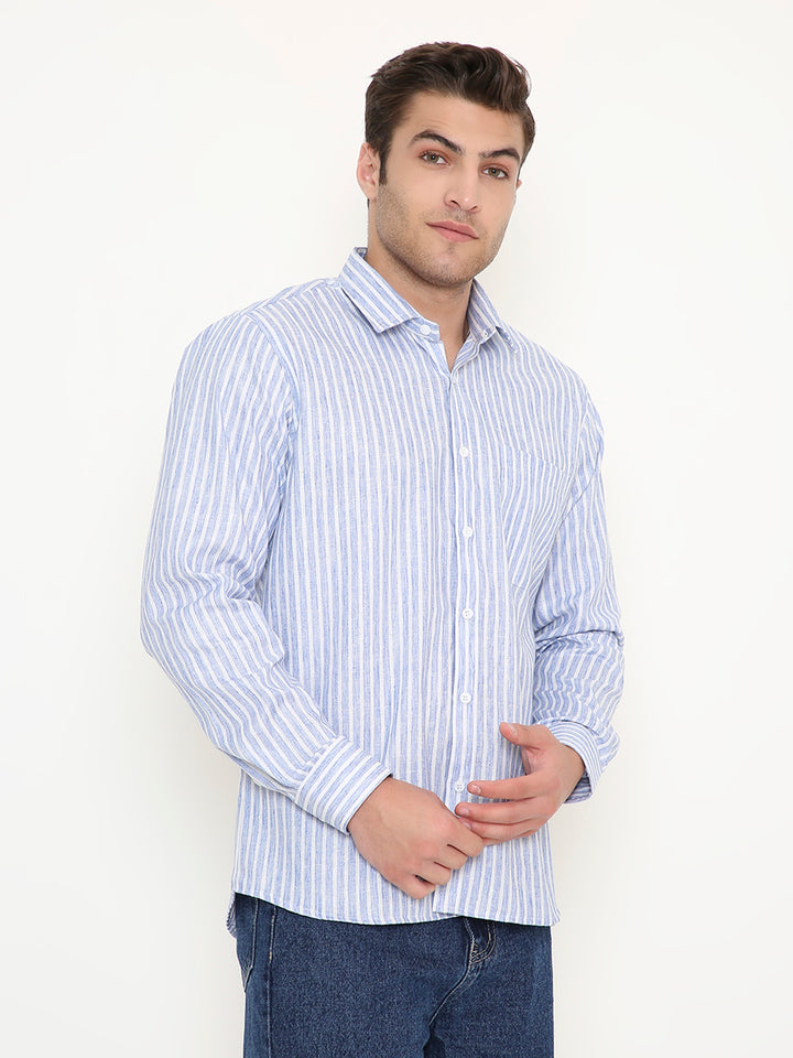 Men's Slim Fit Striped Shirt in Dark Blue with classic collar and chest pocket, perfect for smart casual or formal occasions.