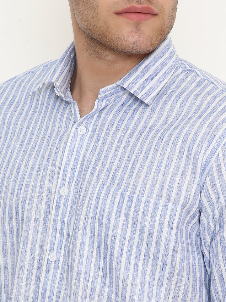 Close-up of Dark Blue Slim Fit Striped Shirt highlighting fine Indian craftsmanship, breathable fabric, and button details.
