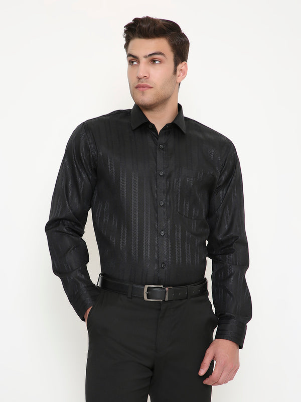 Poly Viscose Self Design Slim Fit Shirt in Black