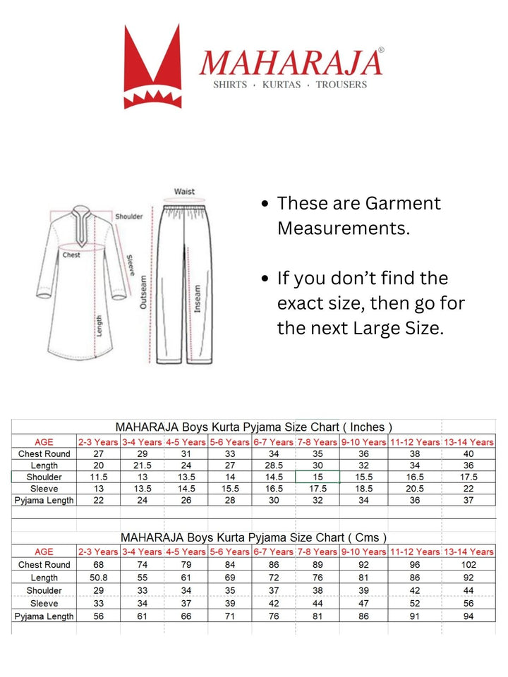 Size chart for Maharaja Boys Kurta Pyjama Set with garment measurements in inches and centimeters for ages 2 to 14 years.