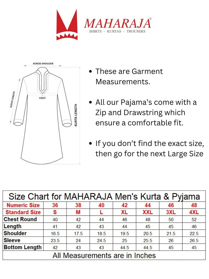 Size chart and garment measurements for Maharaja Magic Cotton Kurta Set, ensuring accurate fit for all sizes from S to 4XL.