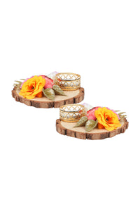 Wooden Disks with Artificial Flowers Diwali Diya Set [DDS002]