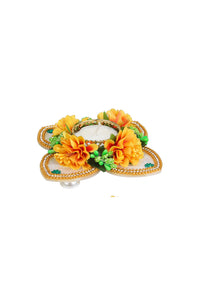 Silver Acrylic Petals with Yellow Flowers Diwali Diya [DDS021]