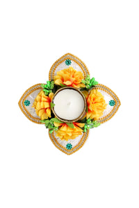 Silver Acrylic Petals with Yellow Flowers Diwali Diya [DDS021]