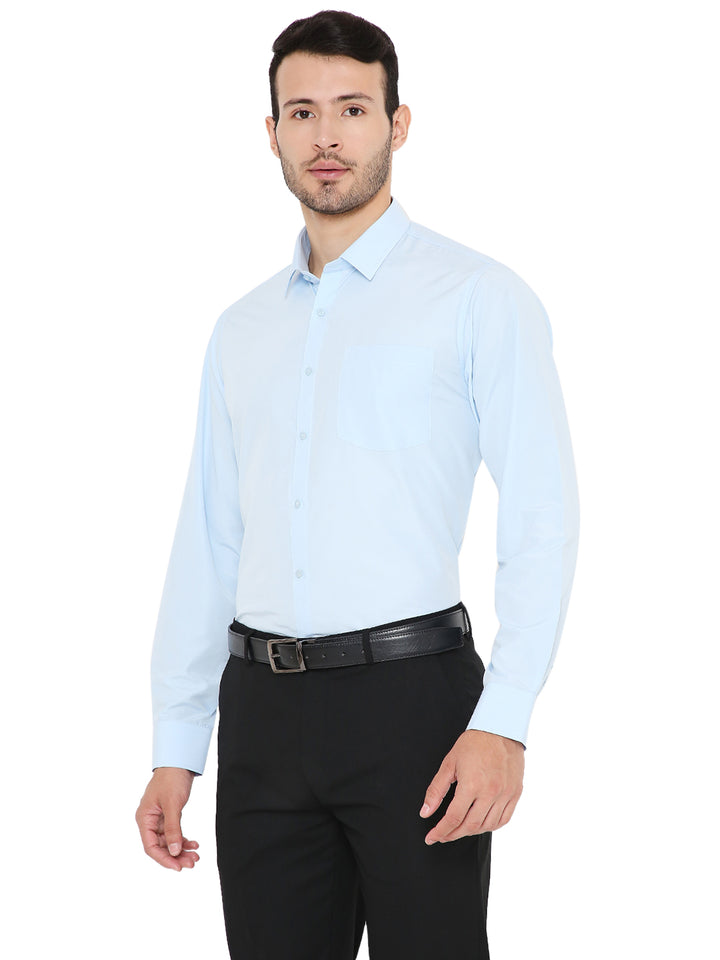 Side angle of Maharaja Slim Fit Formal Shirt in light blue, emphasizing sleek silhouette and breathable fabric for formal occasions.