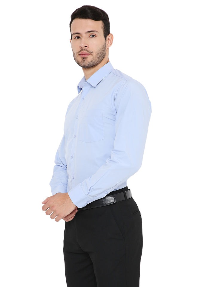 Side profile of Baby Blue Slim Fit Formal Shirt - Maharaja Collection highlighting sleek cut and breathable fabric for all-day comfort.