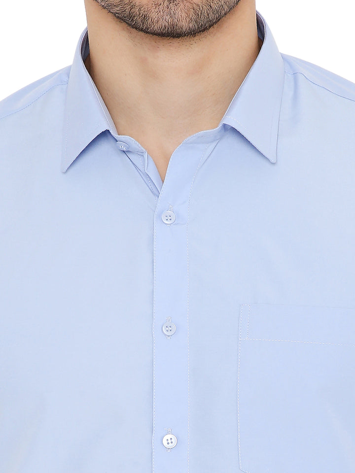 Close-up of collar and buttons on Baby Blue Slim Fit Formal Shirt - Maharaja Collection emphasizing fine stitching and premium fabric.