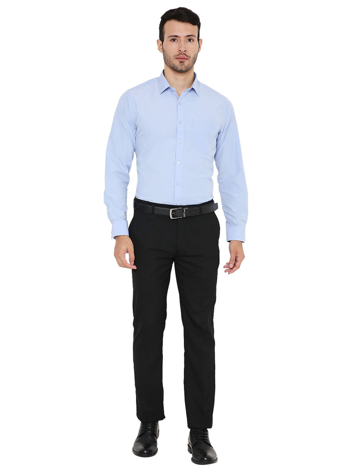 Full front view of Baby Blue Slim Fit Formal Shirt - Maharaja Collection paired with black trousers, perfect for formal and business settings.