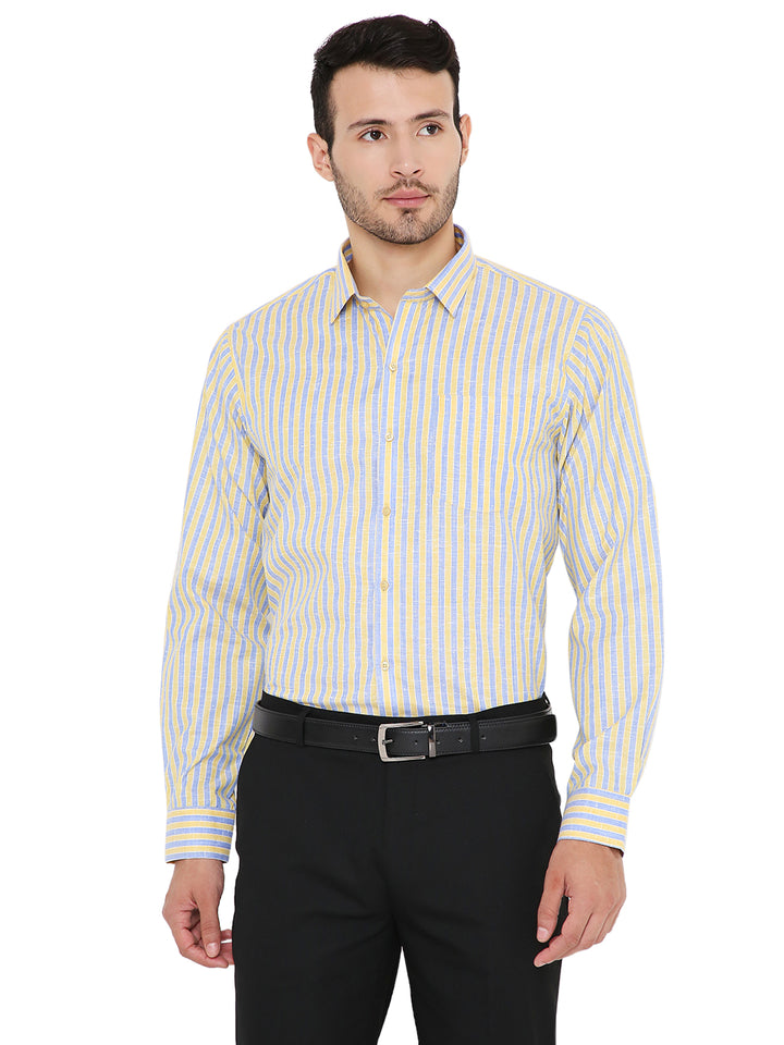 Maharaja's Slim Fit Shirt in yellow and blue stripes, ideal for formal wear. Features a crisp collar and button-down front for office-ready style.
