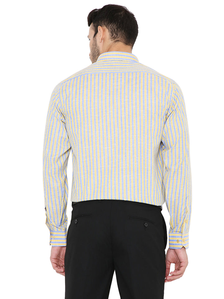 Back view of Maharaja's Slim Fit Formal Shirt with vertical yellow and blue stripes, tailored for a sleek silhouette and professional look.