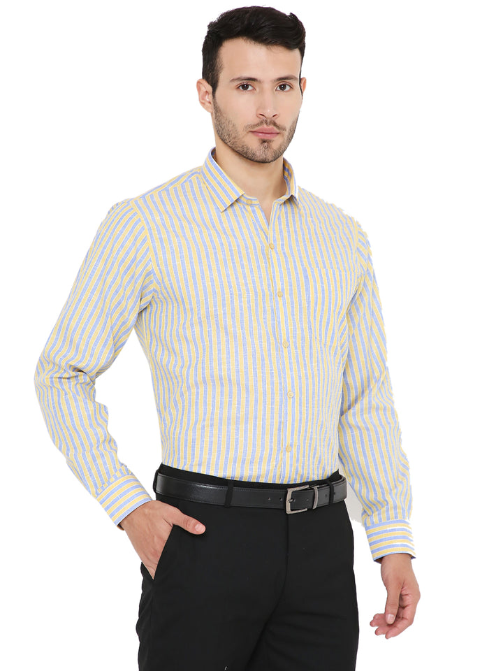 Maharaja's yellow and blue striped Slim Fit Shirt styled with black trousers, offering a refined and comfortable formal outfit.