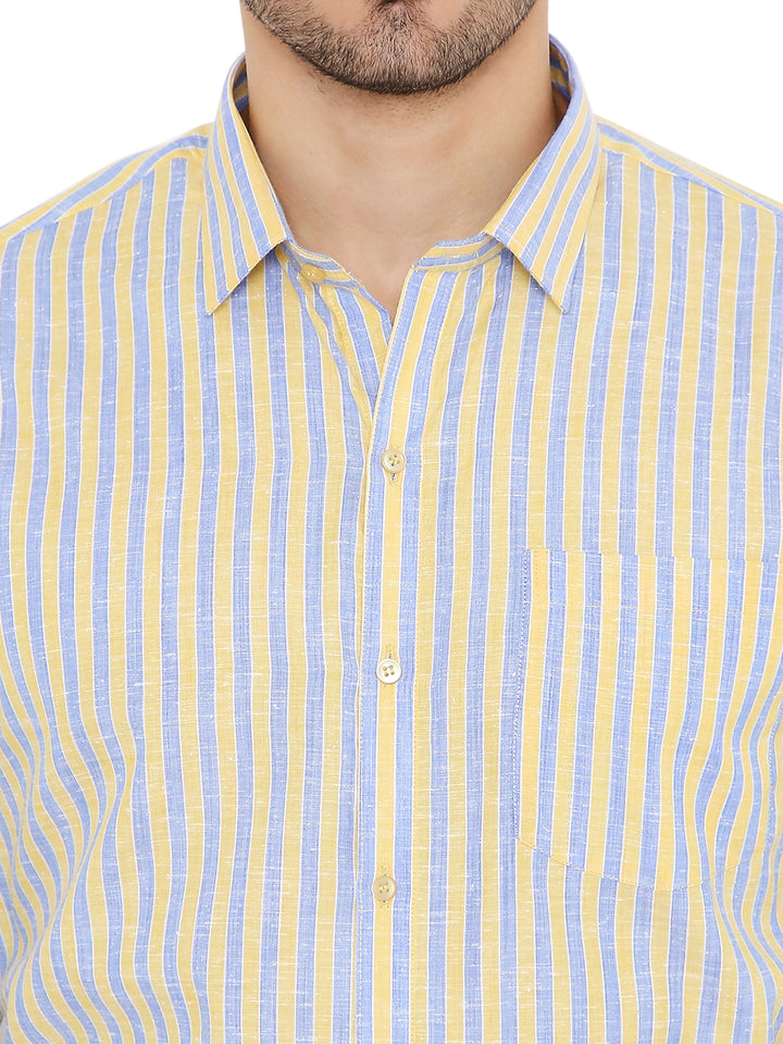 Close-up of Maharaja's Slim Fit Formal Shirt highlighting the yellow and blue striped fabric, front pocket, and button details.