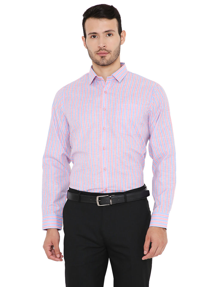 Slim Fit Formal Shirt - Pink Lining with vertical stripes in blue and red, designed for superior comfort and a tailored look.