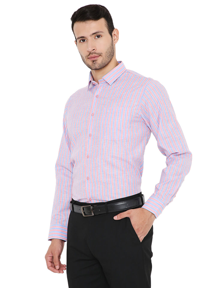 Side angle of Slim Fit Formal Shirt - Pink Lining highlighting the crisp collar and premium striped fabric.