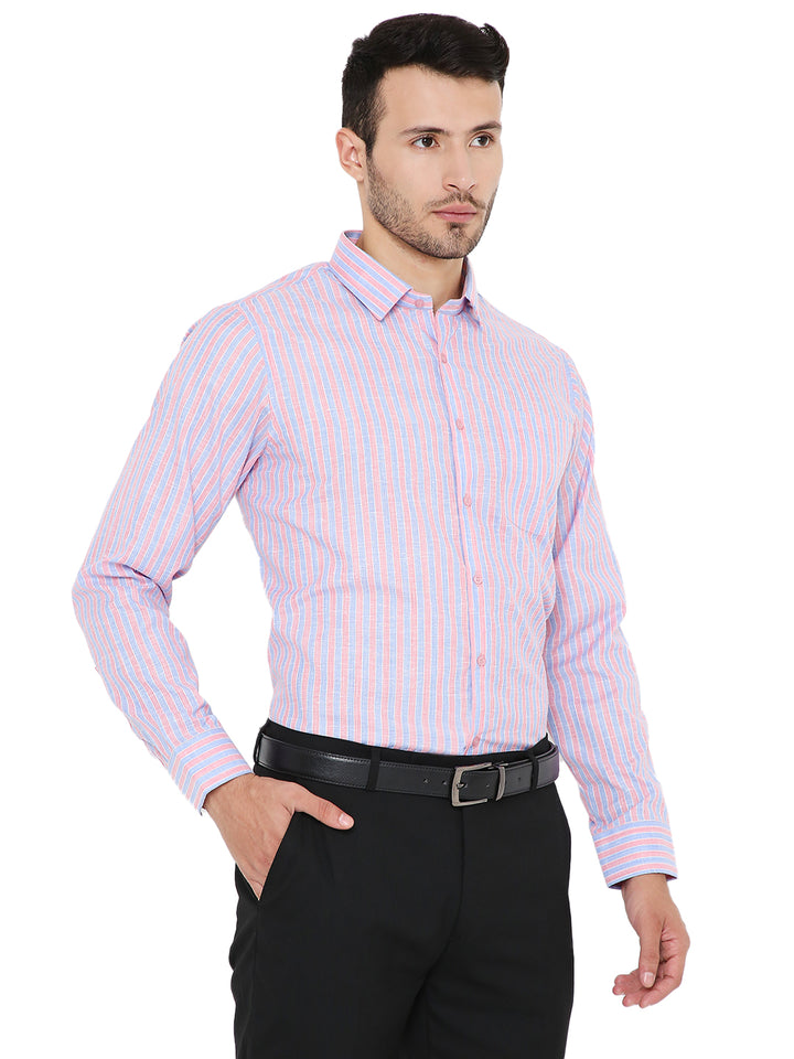 Pink Lining Slim Fit Formal Shirt in striped pattern, styled with black trousers for a polished office-ready look.