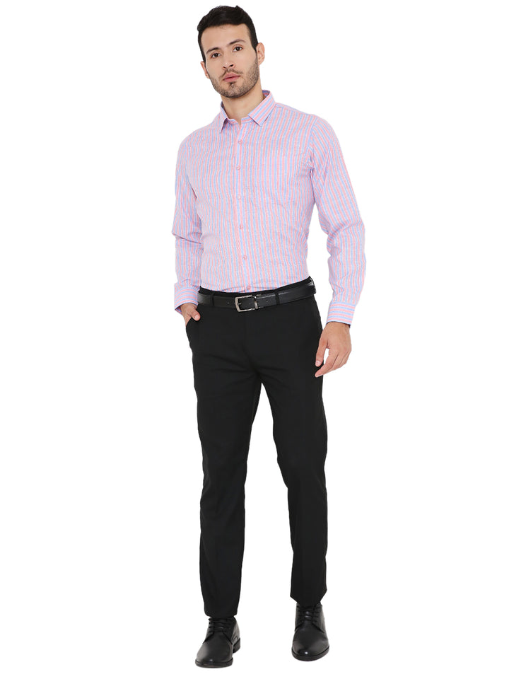 Full front view of Slim Fit Formal Shirt - Pink Lining paired with black formal pants, ideal for business or formal occasions.