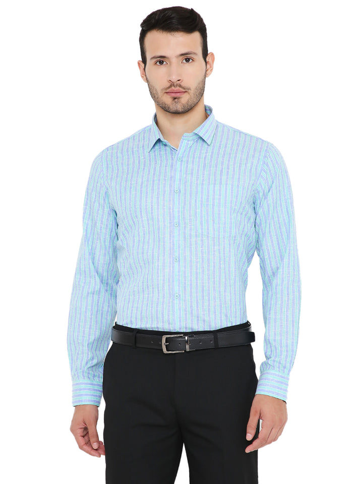 Maharaja Slim Fit Formal Shirt - Blue Lining with vertical stripes, long sleeves, and button-up front, ideal for office or formal wear.