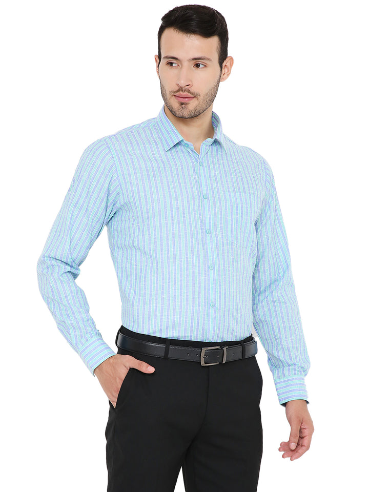 Maharaja Slim Fit Formal Shirt - Blue Lining styled with black trousers, showcasing its versatile and breathable striped fabric.