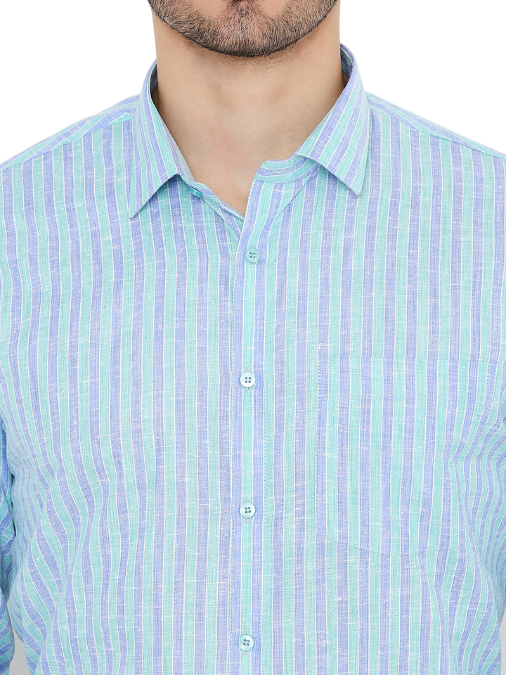 Close-up of Maharaja Slim Fit Formal Shirt - Blue Lining showing fine vertical stripes, button placket, and chest pocket detail.