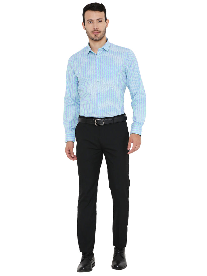 Full front view of Maharaja Slim Fit Formal Shirt - Blue Lining paired with black pants, perfect for formal and business settings.