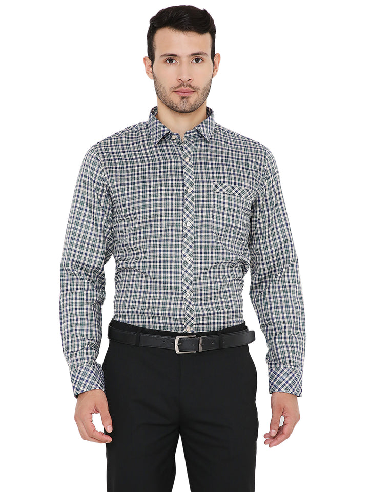 Green Checkered Slim Fit Shirt - Maharaja Slim Fit formal shirt with button-down front and chest pocket, styled for office wear.