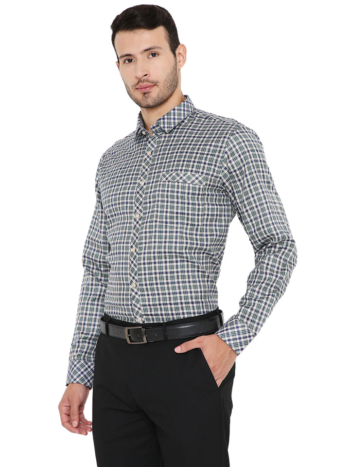 Side pose of Green Checkered Slim Fit Shirt - Maharaja Slim Fit, highlighting modern cut and checkered pattern for formal occasions.