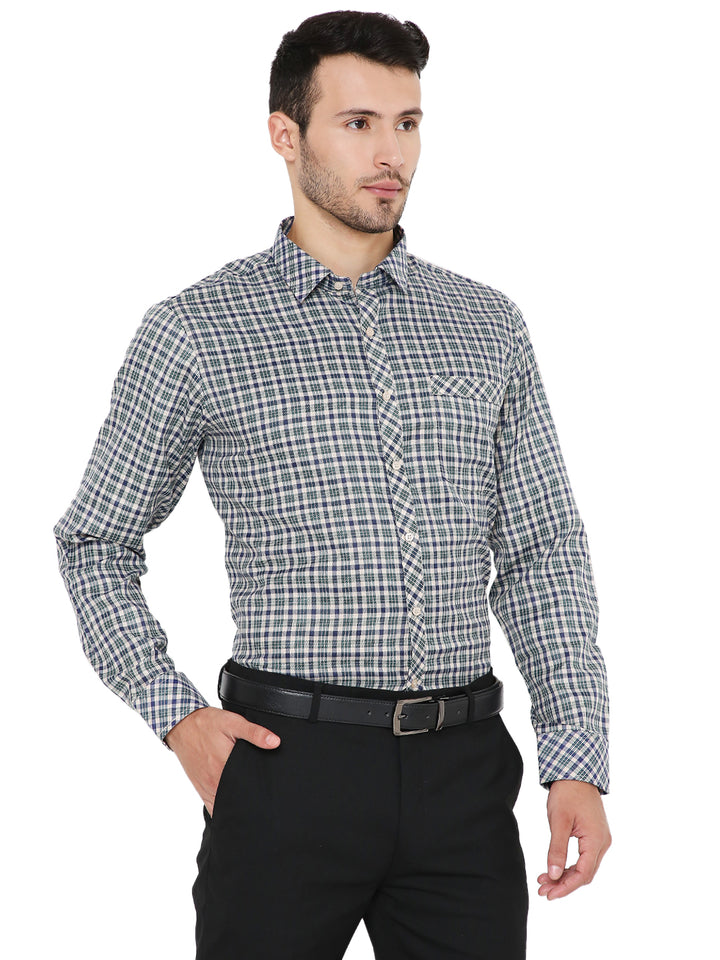 Angled view of Green Checkered Slim Fit Shirt - Maharaja Slim Fit, featuring crisp collar and slim silhouette for a polished look.