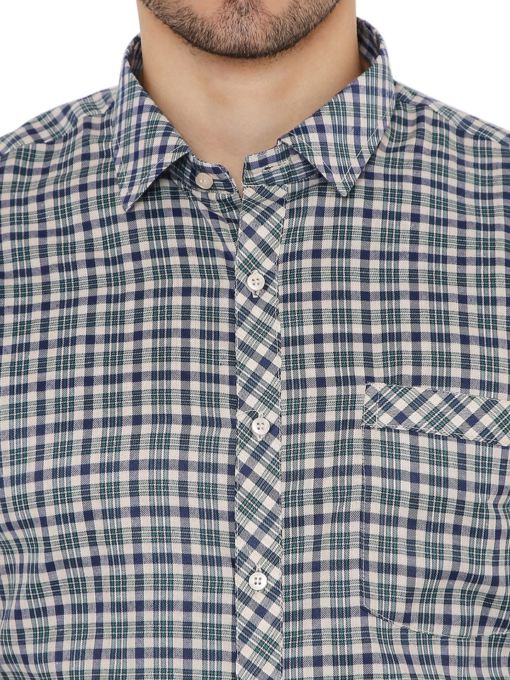 Close-up of Green Checkered Slim Fit Shirt - Maharaja Slim Fit, detailing button placket, collar, and chest pocket stitching.