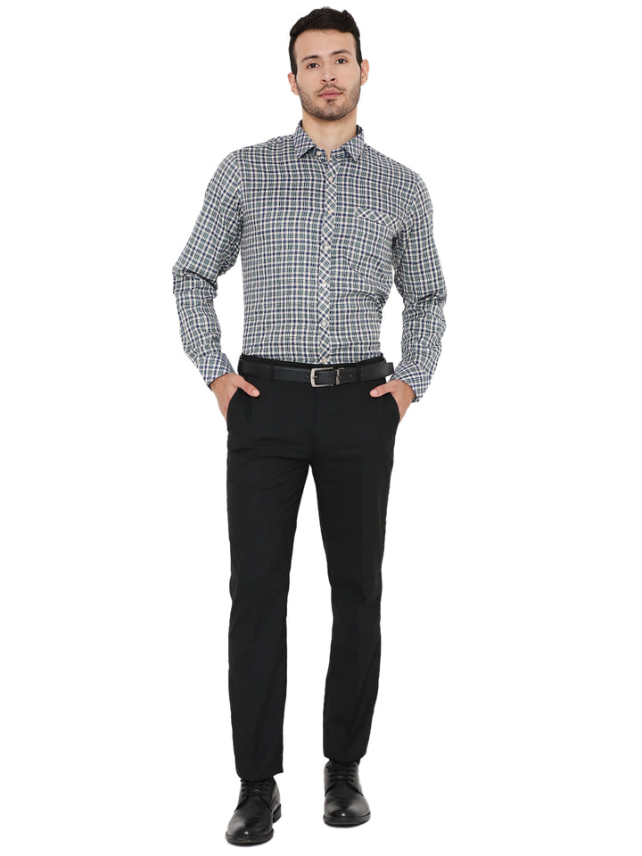 Full body view of Green Checkered Slim Fit Shirt - Maharaja Slim Fit paired with black trousers, ideal for formal or business attire.