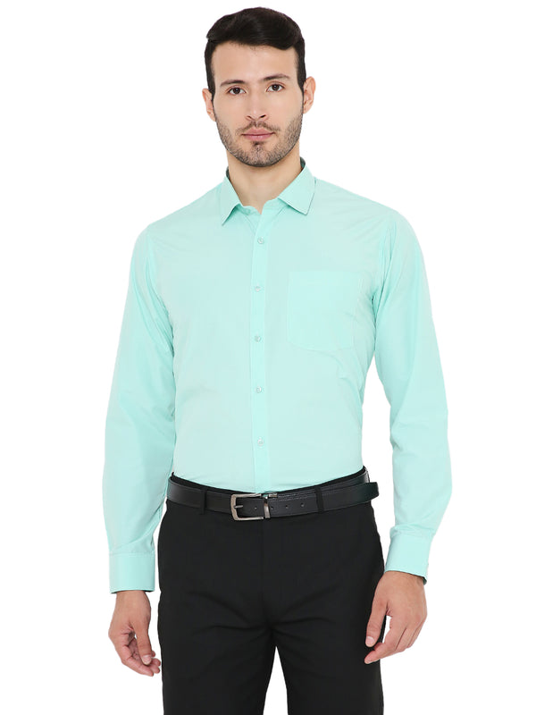 Maharaja Slim Fit Formal Shirt in green solid color with front pocket, ideal for office wear and machine washable for easy care.