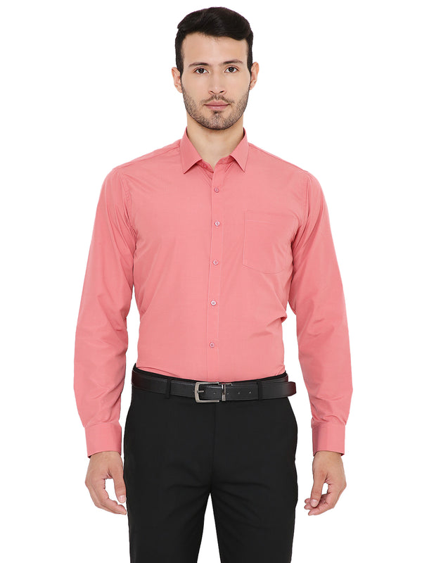 Front view of Pink Solid Slim Fit Shirt - Formal Wear, featuring a chest pocket and button-down design for office-ready style.
