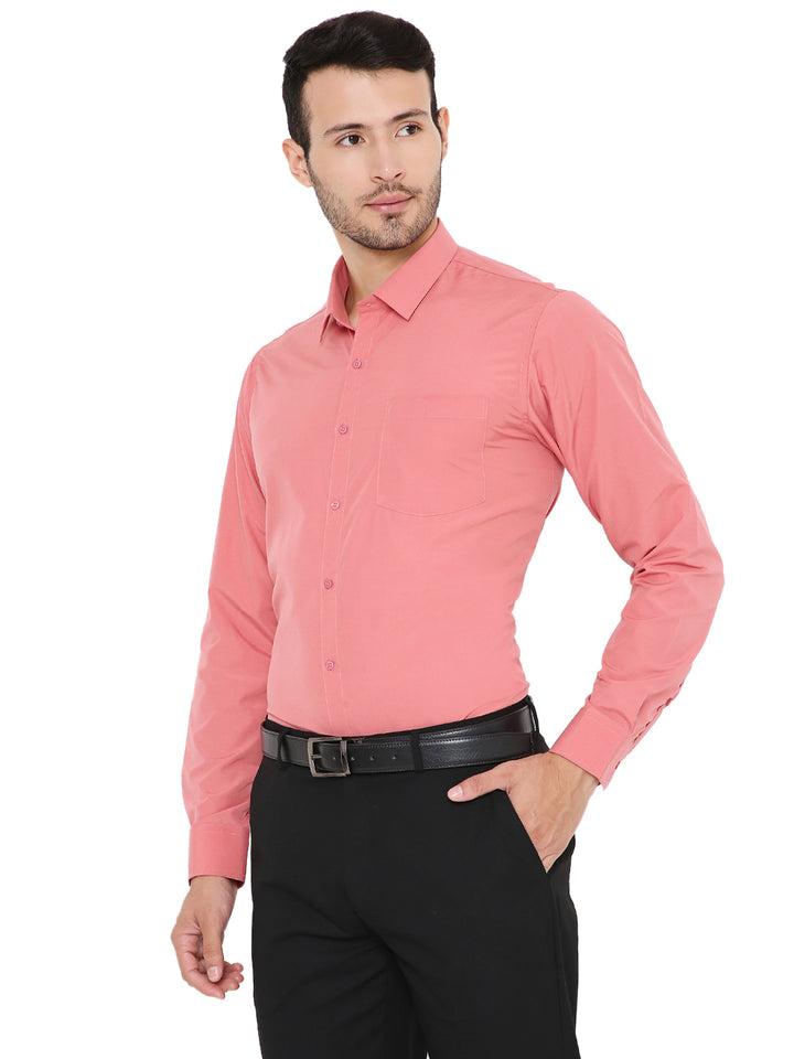 Side angle of Pink Solid Slim Fit Shirt - Formal Wear, highlighting the sleek silhouette and comfortable slim fit for men.