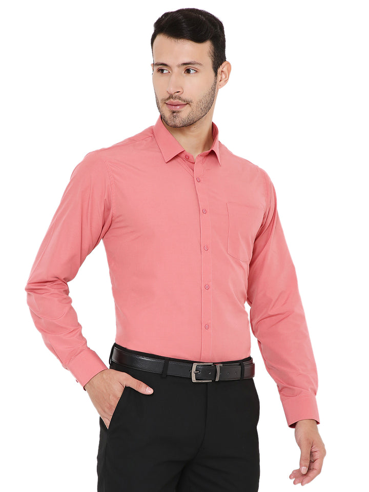 Three-quarter front view of Pink Solid Slim Fit Shirt - Formal Wear, ideal for business attire with easy-care fabric.