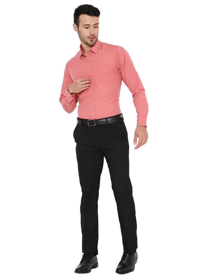Full body view of Pink Solid Slim Fit Shirt - Formal Wear paired with black trousers, perfect for office or formal events.