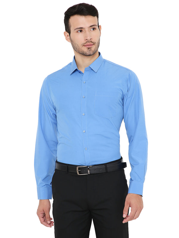 Blue Solid Formal Shirt - Slim Fit with front view, featuring a chest pocket and button-down closure for a sharp office-ready look.