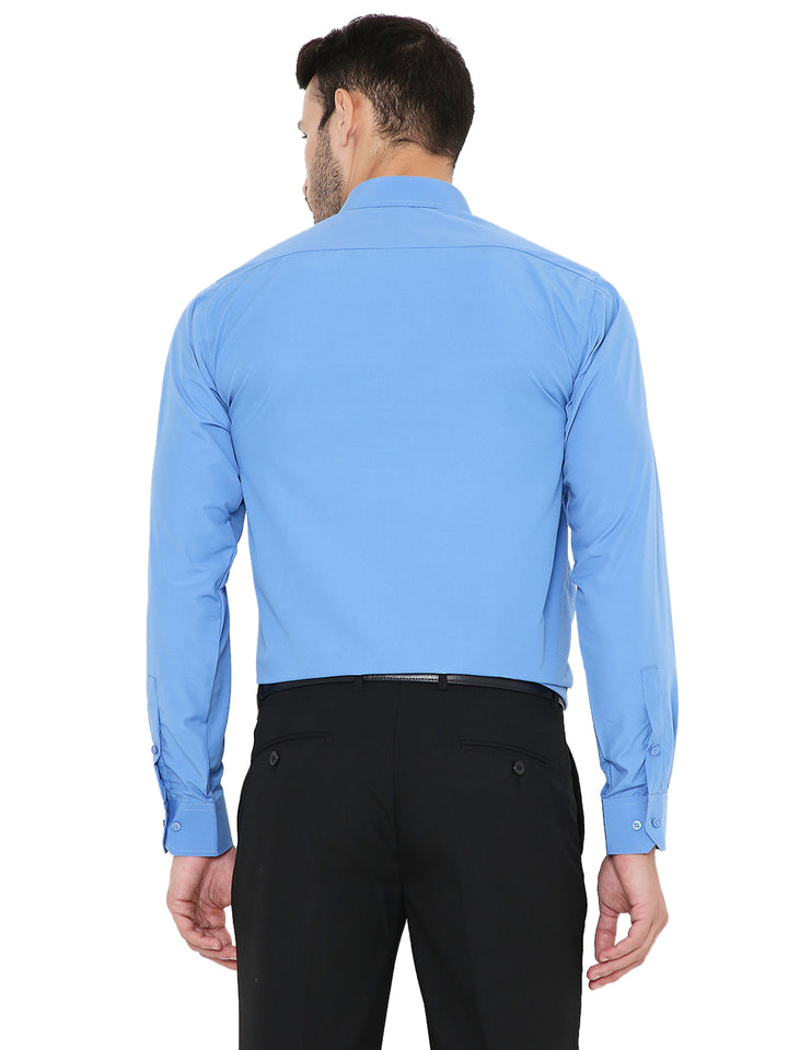 Back view of Blue Solid Formal Shirt - Slim Fit, showcasing clean stitching and tailored fit for professional appeal.