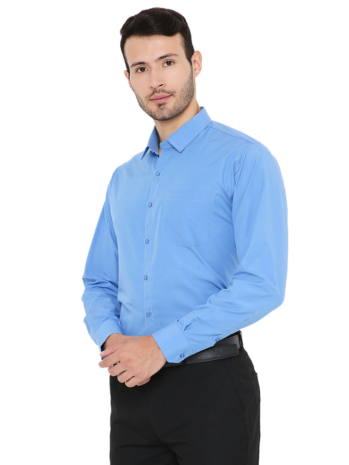 Blue Slim Fit Formal Shirt with long sleeves and chest pocket, styled for business wear with breathable, easy-care fabric.