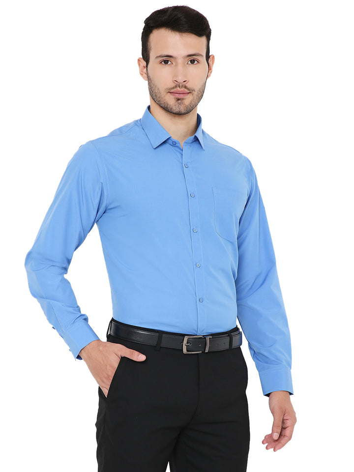 Blue Solid Formal Shirt - Slim Fit styled with black trousers, ideal for office or formal occasions with all-day comfort.