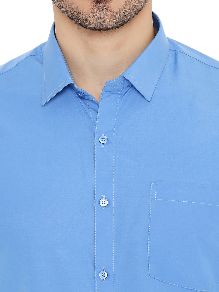 Close-up of Blue Slim Fit Formal Shirt collar and buttons, highlighting fine stitching and premium fabric quality.