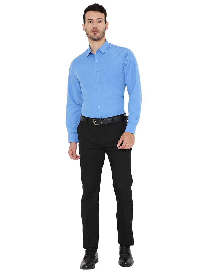 Full-body view of Blue Solid Formal Shirt - Slim Fit paired with black pants and shoes, perfect for formal and business settings.