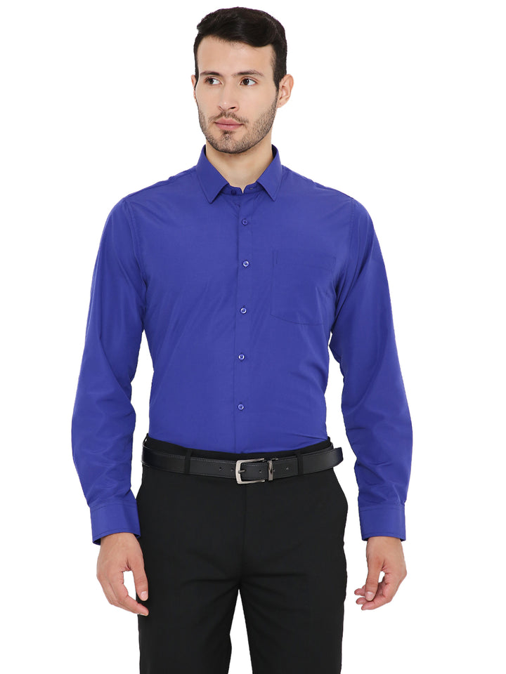 Slim Fit Formal Blue Shirt - Dark Blue with long sleeves and chest pocket, styled for office wear in breathable fabric.