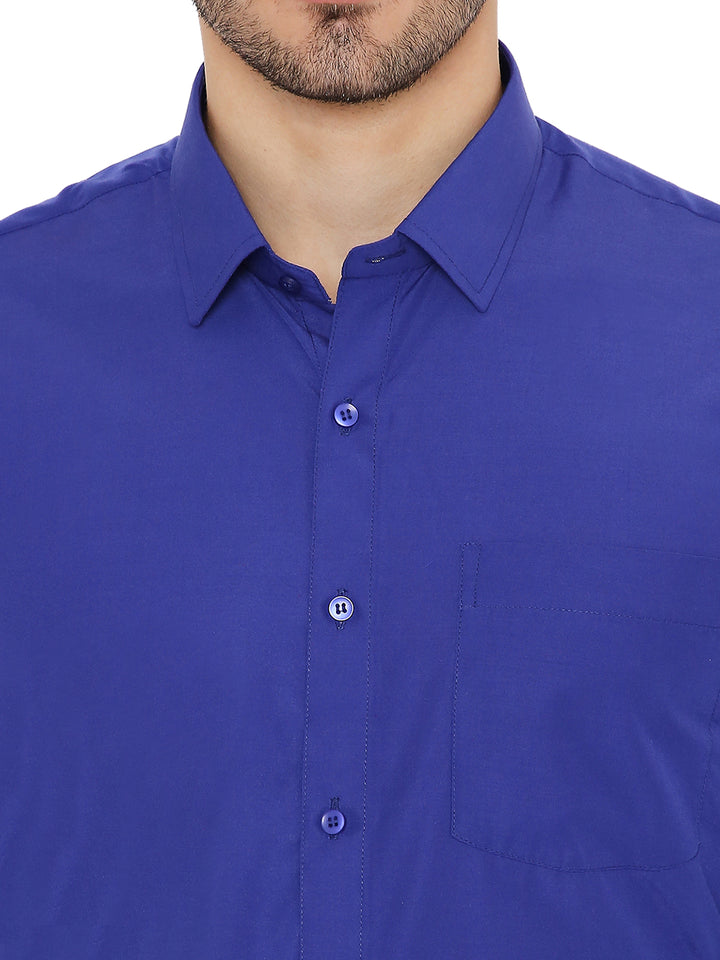Close-up of Slim Fit Formal Blue Shirt - Dark Blue showing fine stitching, front buttons, and chest pocket detail.