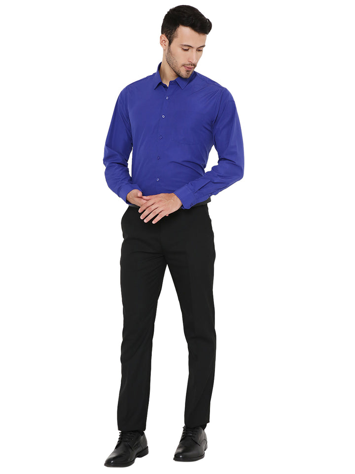 Full-length view of Slim Fit Formal Blue Shirt - Dark Blue paired with black formal pants, highlighting sleek office-ready look.