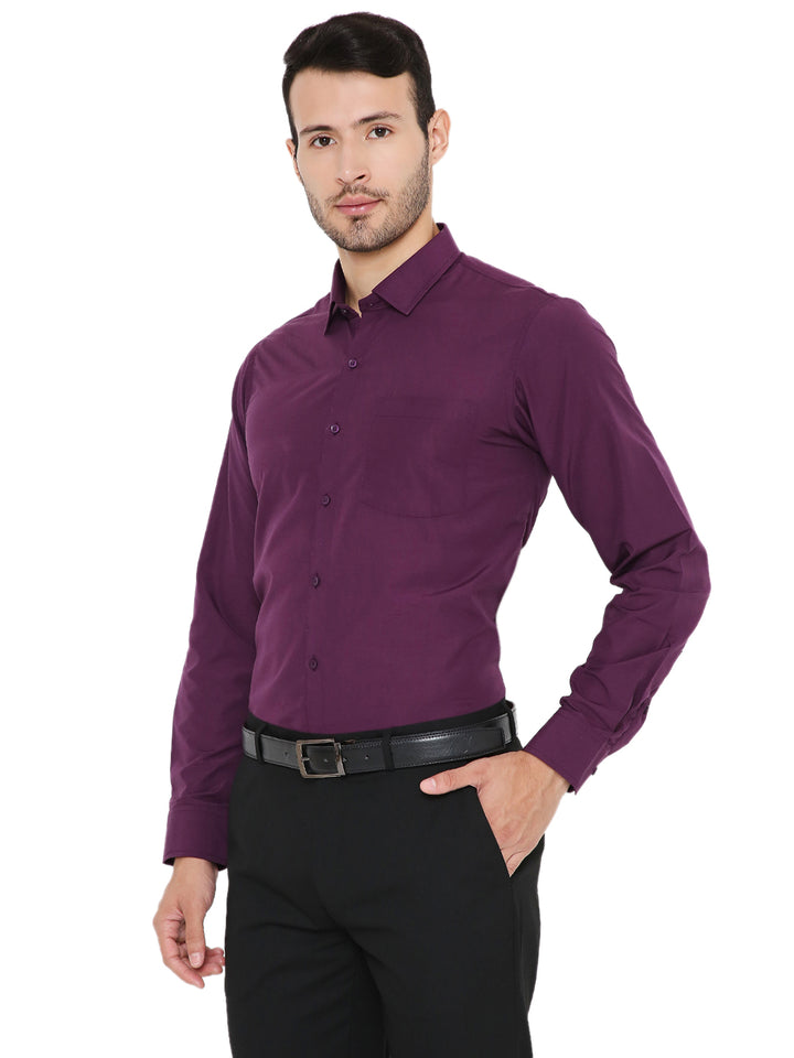 Side angle of Dark Purple Slim Fit Shirt - Maharaja Formal highlighting sleek silhouette and structured collar for a sharp formal look.