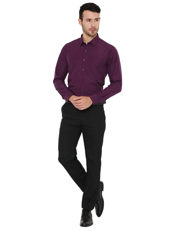 Full body view of Dark Purple Slim Fit Shirt - Maharaja Formal paired with black trousers, ideal for business meetings or formal occasions.