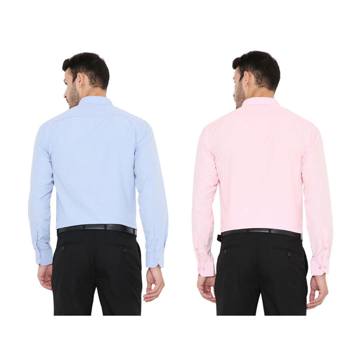 Back view of Maharaja Slim Fit Formal Shirts Combo in light blue and pink, showcasing tailored fit and wrinkle-resistant polyblend fabric.