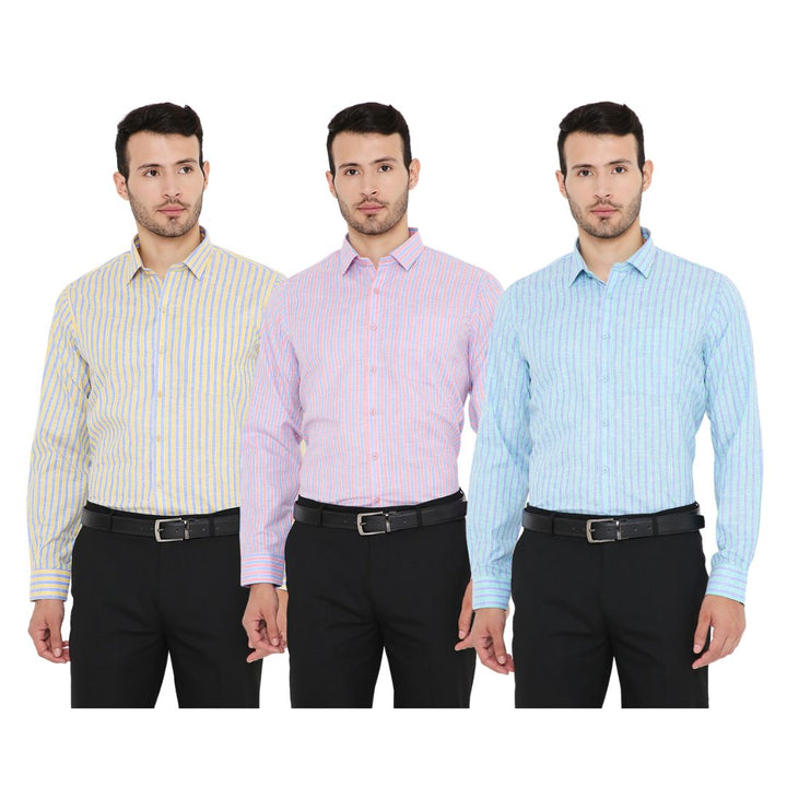 Slim Fit Formal Shirts Combo - Combo of 3 in pastel striped polyblend fabric, ideal for office wear. Breathable and machine washable for easy care.