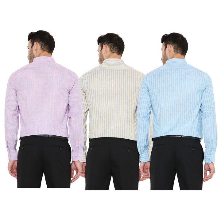 Back view of Slim Fit Formal Shirts Combo - Combo of 3 striped polyblend shirts in pink, yellow, and blue. Wrinkle-resistant and tailored for comfort.