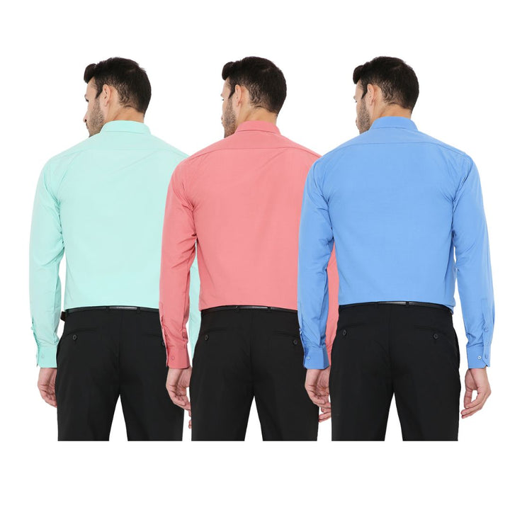 Back view of 3 slim fit PolyBlend formal shirts in mint green, coral pink, and sky blue. Designed for easy care and all-day comfort.