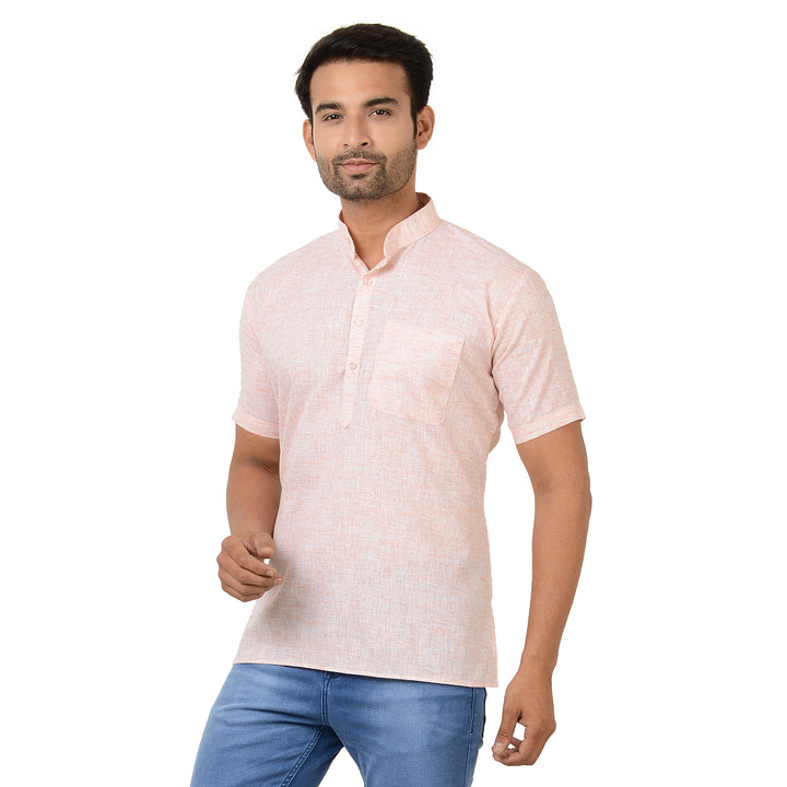 Lightweight Orange Cotton Short Kurta featuring chest pocket and button placket, perfect for casual and festive summer outfits.